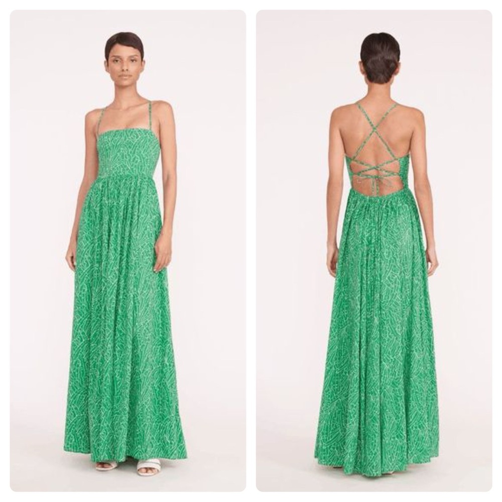 STAUD Courtney Floral-Print Smocked Dress Maxi Open Back Green Palm (6)